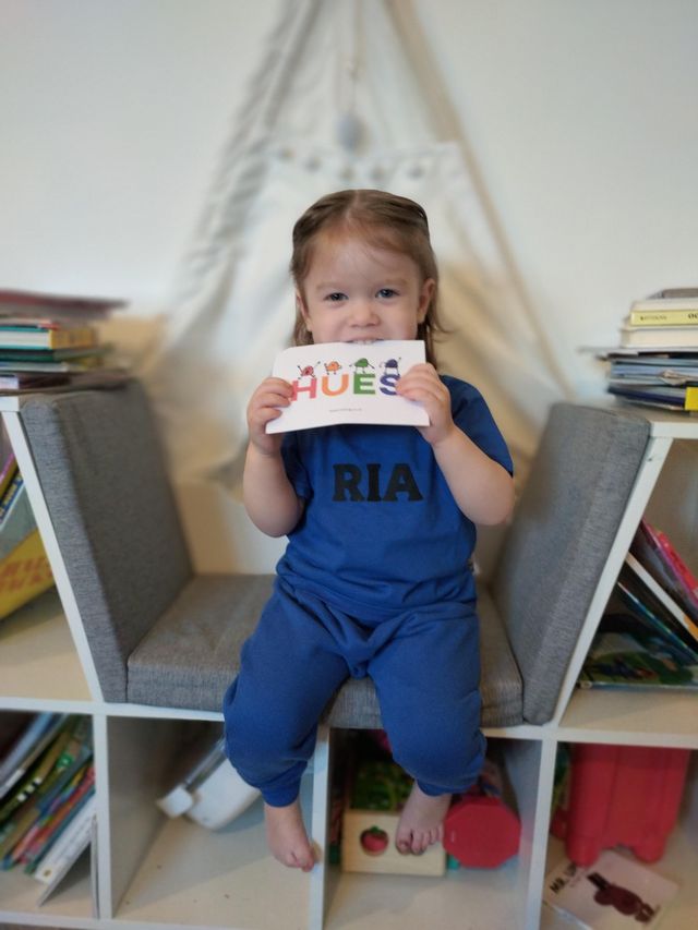 Toddler girl in blue t shirts and joggers set